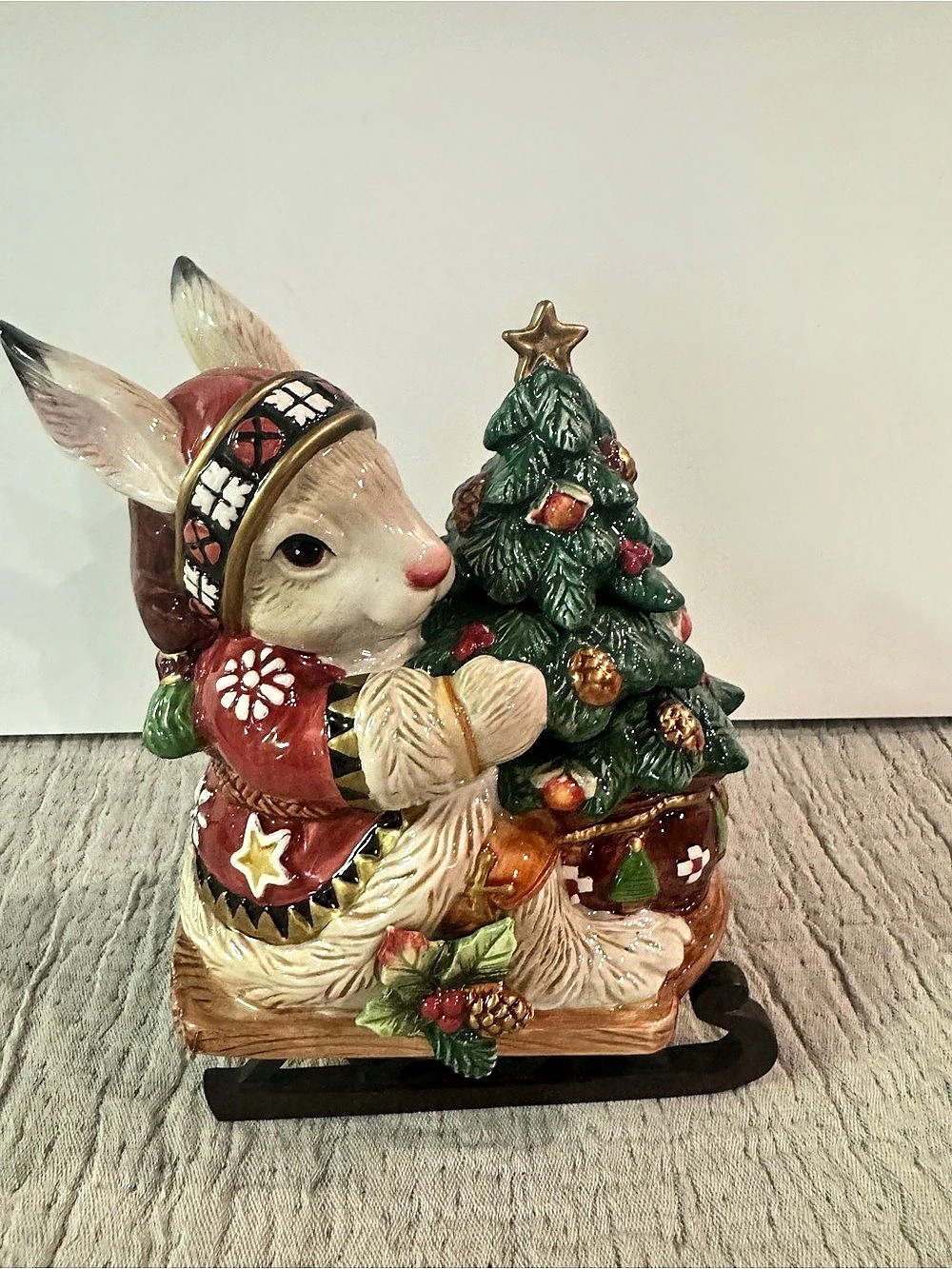Fitz and Floyd Christmas Lodge Rabbit On A Sleigh With Tree Treat Jar